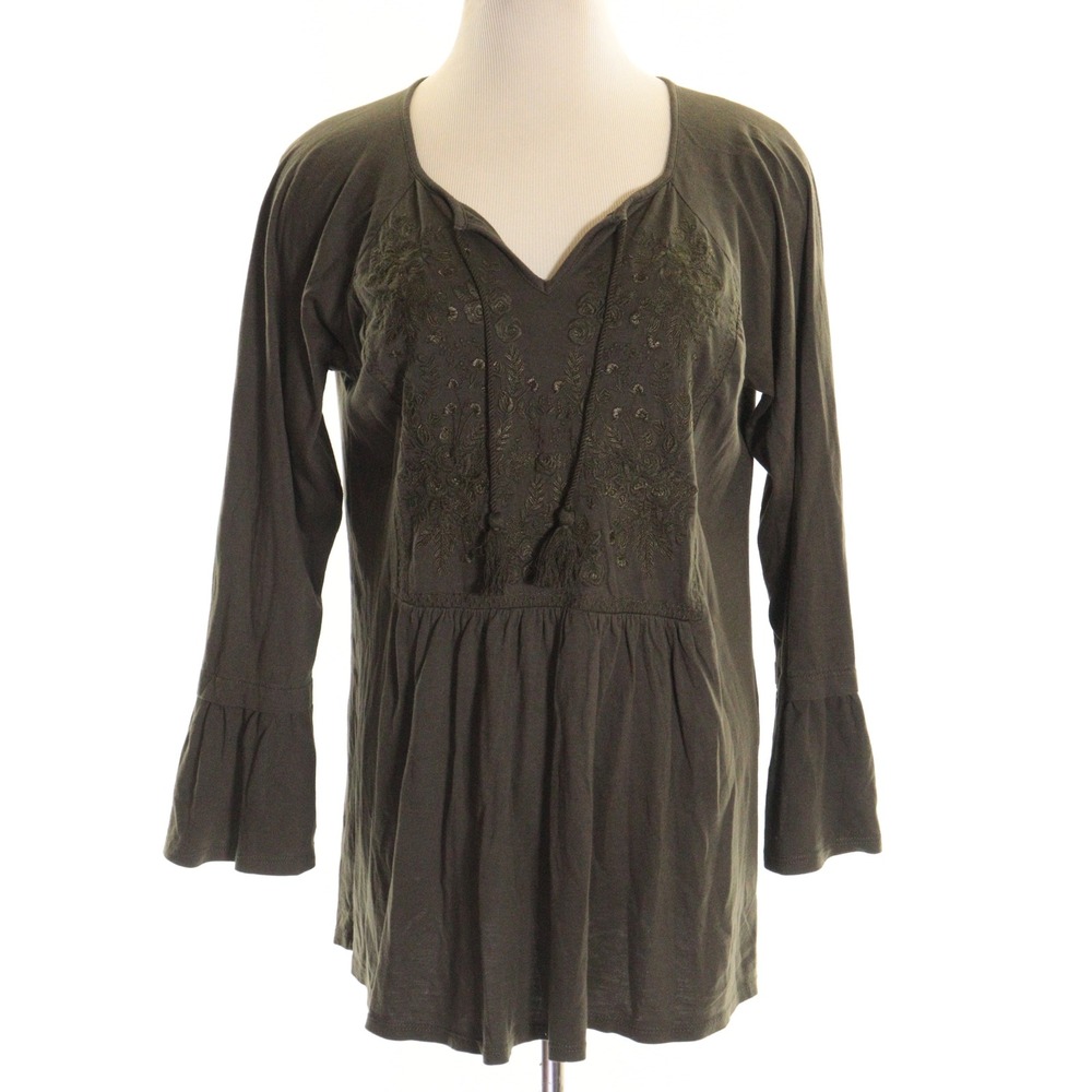 J.Jill Tunic Top Embroidered Bell Sleeve Boho Green Cotton Modal Women M